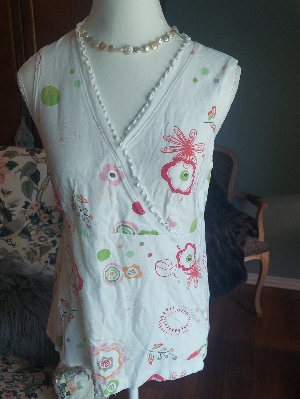 fresh produce White Sleeveless Wrap Top with Pink & Green Floral Print